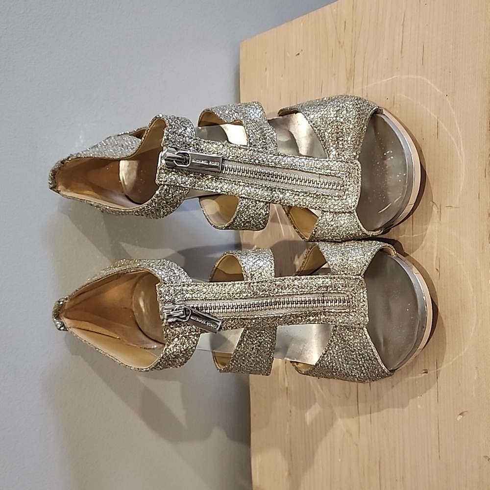 Michael Kors Berkley T-Strap Sparkly Silver Sandal Heels